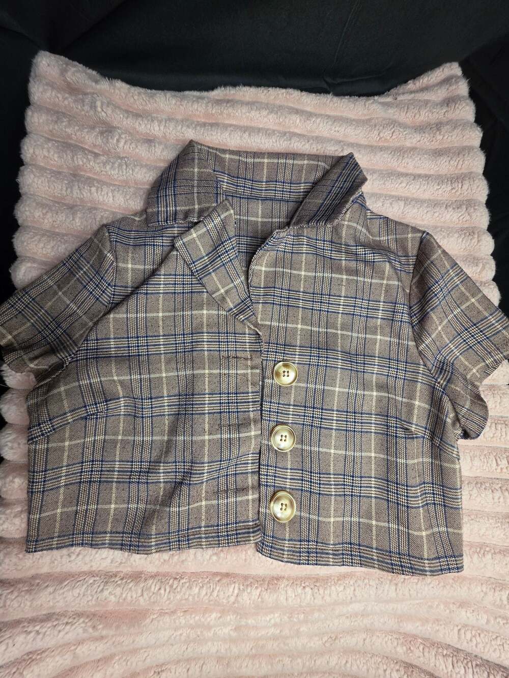 Cider Plaid Notched Collar Short Sleeve Crop Blazer Top